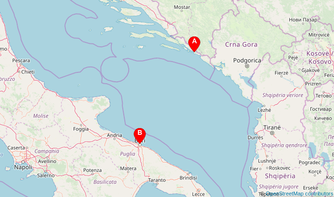 Map of ferry route between Dubrovnik and Bari